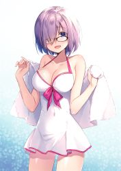 Rule 34 | 1girl, :d, black-framed eyewear, blush, breasts, collarbone, covered navel, cowboy shot, dress, fate/grand order, fate (series), hair over one eye, hands up, holding, holding towel, large breasts, looking at viewer, mash kyrielight, mash kyrielight (swimsuit of perpetual summer), masuishi kinoto, official alternate costume, one-piece swimsuit, open mouth, purple eyes, purple hair, short dress, short hair, smile, solo, swimsuit, tareme, towel, white dress, white one-piece swimsuit