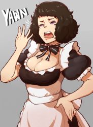 Rule 34 | 1girl, apron, bags under eyes, bow choker, breasts, brown hair, chief (91m10), dress, closed eyes, grey background, hand on own hip, hand to own mouth, kawakami sadayo, maid, maid apron, messy hair, open mouth, persona, persona 5, sleepy, solo, sound effects, waist apron, yawning