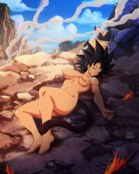 Rule 34 | 1girl, absurdres, black hair, blue sky, breasts, closed eyes, cloud, commentary request, commission, completely nude, covering privates, covering breasts, dragon ball, dragonball z, full body, highres, lying, medium breasts, monkey tail, mountain, nude, on back, original, saiyan, salvamakoto, signature, sky, smoke, solo, spanish commentary, spiked hair, tail, toned
