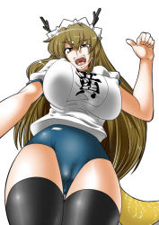Rule 34 | 1girl, angry, antlers, breasts, brown eyes, brown hair, buruma, cameltoe, covered erect nipples, female focus, gym outfit, gym uniform, headdress, hip focus, horns, large breasts, long hair, open mouth, shisoworld, simple background, solo, swimsuit, tail, thighhighs, white background