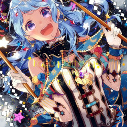 Rule 34 | 1girl, :d, bad id, bad pixiv id, bang dream!, blue eyes, blue hair, blush, brooch, character name, drumsticks, earrings, elbow gloves, frills, gloves, happy birthday, head chain, holding, jewelry, long hair, looking at viewer, matsubara kanon, open mouth, pom pom (clothes), round teeth, shino yuki, smile, solo, star (symbol), striped, teeth, twitter username, upper body, upper teeth only, vertical stripes, white gloves, wrist cuffs