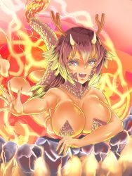 Rule 34 | 1girl, artist request, ass, bare shoulders, breasts, charcoal, collarbone, dragon horns, fangs, fire, fire, highres, horns, ishuzoku reviewers, large breasts, long hair, looking at viewer, marker (medium), lava, monster girl, multicolored hair, nails, nude, open hair, orange hair, red hair, salamander, scales, steam, tail, tiaplate, traditional media, two-tone hair