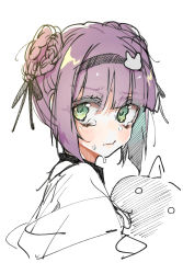 Rule 34 | 1girl, blush, carcano m91/38 (girls&#039; frontline), closed mouth, double bun, e sky rugo, from side, girls&#039; frontline, green eyes, hair bun, hairband, highres, looking at viewer, looking to the side, portrait, purple hair, smile, solo, tears, white background