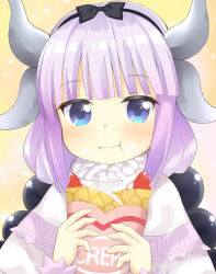 Rule 34 | 10s, 1girl, :i, blue eyes, blunt bangs, blush, bow, bubble background, capelet, child, collar, cream, cream on face, crepe, cross-laced clothes, dot nose, dragon girl, eating, expressionless, eyelashes, fluffy collar, food, food on face, frills, fruit, gradient hair, hair bobbles, hair ornament, hairband, holding, holding food, horns, kanna kamui, kobayashi-san chi no maidragon, light purple hair, long hair, looking at viewer, low twintails, maccha, multicolored hair, solo, sparkle, sparkle background, strawberry, twintails, upper body