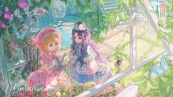 Rule 34 | 2girls, bad id, bad twitter id, birdcage, blonde hair, bubble, bug, butterfly, cage, chair, commentary, commission, copyright request, crown, dress, english text, flower, grass, hat, insect, leaf, maccha (mochancc), multiple girls, outdoors, parted bangs, pink dress, plant, pond, purple hair, rock, rose, stairs, star (symbol), symbol-only commentary, table, tagme, water, watering can
