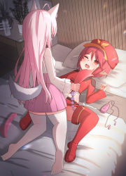Rule 34 | 2girls, absurdres, ahoge, anal tail, animal ears, bed, blush, butt plug, dildo, fake tail, highres, holding, holding sex toy, imminent anal, imminent penetration, incense, looking at another, lying, monmon-san, multiple girls, on back, on bed, one eye closed, open mouth, original, pillow, pink hair, pointy ears, red eyes, red hair, red headwear, remote control vibrator, sex toy, tail, teeth, upper teeth only, vibrator, yuri