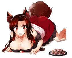 Rule 34 | 1girl, all fours, animal ears, bare shoulders, barefoot, blush, breasts, brown hair, cleavage, dress, food, full body, imaizumi kagerou, large breasts, long hair, md5 mismatch, off shoulder, red eyes, saliva, sanagi (diohazard), simple background, solo, steak, sweat, tail, touhou, white background, wolf ears, wolf tail