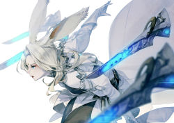 Rule 34 | 1girl, animal ear fluff, animal ears, blue eyes, blurry, blurry foreground, rabbit ears, closed mouth, coat, eyeshadow, final fantasy, final fantasy xiv, floating, floating object, floating weapon, garlean, gloves, grey hair, gun, hatching (texture), highres, kyo (kuroichigo), lens flare, long hair, makeup, red lips, sage (final fantasy), solo, viera, weapon, white coat, white gloves