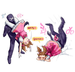 Rule 34 | + +, 1girl, 1other, 2koma, back bow, bow, brown hair, comic, dress, frilled dress, frills, gloves, hair bow, highres, original, pantyhose, pink bow, pink dress, pink eyes, rinotuna, short hair, short sleeves, simple background, speech bubble, star (symbol), translation request, twintails, white background, white gloves