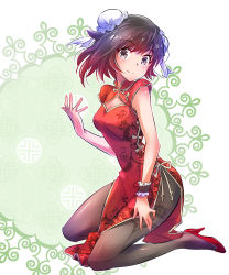 Rule 34 | 1girl, black pantyhose, breasts, china dress, chinese clothes, cleavage, cleavage cutout, clothing cutout, commentary, double bun, dress, floral print, full body, grey eyes, hair bun, high heels, highres, iesupa, pantyhose, pumps, red dress, red hair, rose print, ruby rose, rwby, sleeve cuffs, solo, white background