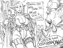 Rule 34 | 1boy, 1girl, armor, assault rifle, bb (baalbuddy), blush, bomb, breasts, coat, contrapposto, ear piercing, earrings, eldar, elf, english text, explosive, grenade, greyscale, gun, hidden weapon, highres, hoop earrings, jewelry, large breasts, leotard, long hair, long sleeves, monochrome, open clothes, open coat, orc, original, ork (warhammer), parted lips, pauldrons, piercing, pointy ears, pouch, rifle, shoulder armor, shoulder spikes, smile, spikes, thighhighs, trench coat, warhammer 40k, weapon