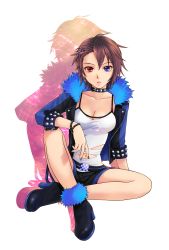 Rule 34 | 1girl, aizen (syoshiyuki), black footwear, black jacket, black shorts, blue eyes, blue nails, blue sleeves, bracelet, breasts, brown hair, cleavage, collar, collarbone, hair ornament, hairclip, heterochromia, high heels, highres, jacket, jewelry, long sleeves, looking at viewer, medium breasts, meiko (vocaloid), midriff, nail polish, navel, open clothes, open jacket, parted lips, red eyes, shirt, short hair, short shorts, shorts, simple background, sitting, sleeveless, sleeveless shirt, solo, spaghetti strap, stomach, torn clothes, torn shirt, vocaloid, white background, white shirt