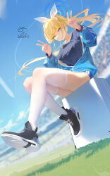 Rule 34 | 1girl, absurdres, blonde hair, blue archive, blue eyes, blue jacket, blue nails, blue shirt, blurry, blurry background, braid, closed mouth, dated, day, double v, earrings, floating hair, hair ribbon, halo, highres, jacket, jewelry, long hair, long sleeves, open clothes, open jacket, outdoors, ponytail, ribao, ribbon, shirt, shoes, signature, solo, thighhighs, toki (blue archive), v, very long hair, white thighhighs
