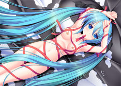 Rule 34 | 1girl, armpits, arms up, bandaid, bandaids on nipples, blue eyes, blue hair, censored, convenient censoring, hair censor, hatsune miku, kageira, long hair, lying, matching hair/eyes, naked ribbon, nude, pasties, ribbon, solo, twintails, very long hair, vocaloid