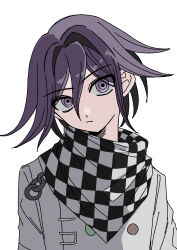 Rule 34 | 1boy, absurdres, arm strap, checkered clothes, checkered scarf, closed mouth, danganronpa (series), danganronpa v3: killing harmony, expressionless, head tilt, highres, looking at viewer, male focus, oma kokichi, purple eyes, purple hair, scarf, short hair, solo, standing, straitjacket, upper body, user puar3433, white background