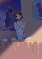 Rule 34 | 10s, 1girl, bare arms, bare legs, bare shoulders, baseball cap, bed, blood, breasts, brown eyes, brown hair, character request, cleavage, collarbone, full body, hat, head tilt, highres, indian style, indoors, injury, looking at viewer, miyazono kawori, on bed, poster (object), sawabe tsubaki, shigatsu wa kimi no uso, short hair, shorts, sitting, sleeveless, small breasts, solo, tank top, unworn hat, unworn headwear, white hat, wujia xiaozi