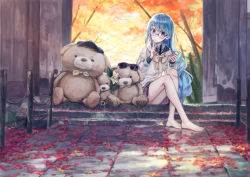 Rule 34 | 1girl, 54cr, autumn, autumn leaves, barefoot, blue eyes, blue hair, blush, braid, braided ponytail, doll, entrance, eyewear on head, fence, finger to mouth, flower, glasses, hair flower, hair ornament, hat, hatsune miku, holding, holding doll, hood, hoodie, index finger raised, leaf, light blush, long hair, looking at viewer, neck ribbon, outdoors, pink skirt, reflection, ribbon, sitting, skirt, solo, stairs, stone floor, stuffed animal, stuffed toy, sunglasses, teddy bear, tree, twintails, very long hair, vocaloid, yellow ribbon