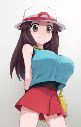 Rule 34 | 1girl, blue shirt, breasts, brown hair, creatures (company), game freak, grey background, hat, highres, large breasts, leaf (pokemon), long hair, looking at viewer, nanina (nijnan), nintendo, pokemon, pokemon frlg, red skirt, shirt, skirt, sleeveless, sleeveless shirt, solo, standing, white hat