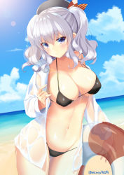 Rule 34 | 10s, 1girl, alternate costume, beach, beret, bikini, black bikini, blue eyes, blue sky, blurry, blush, breasts, cleavage, cloud, cloudy sky, collarbone, colored eyelashes, covered erect nipples, cowboy shot, day, depth of field, dress shirt, fingernails, hair between eyes, hat, highres, hip focus, holding, innertube, kantai collection, kashima (kancolle), large breasts, lens flare, light particles, light smile, long fingernails, long hair, looking at viewer, md5 mismatch, mirea, navel, ocean, outdoors, renka (llawliet39), resolution mismatch, revision, see-through, shirt, silver hair, sky, smile, solo, source larger, stomach, sun, sunlight, swim ring, swimsuit, twintails, unbuttoned, unbuttoned shirt, wavy hair, wet, wet clothes, white shirt