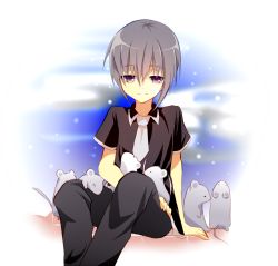 Rule 34 | 1boy, black pants, black shirt, fruits basket, grey hair, half-closed eyes, kaseru (jsaoiru), light smile, male focus, mouse (animal), necktie, pants, purple eyes, school uniform, shirt, short hair, short sleeves, solo, souma yuki