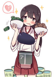 Rule 34 | 10s, 1girl, akagi (kancolle), bauxite, brown eyes, brown hair, bucket, food, food on face, heart, japanese clothes, kantai collection, kimoko, long hair, looking at viewer, muneate, open mouth, personification, skirt, solo, sparkle, speech bubble
