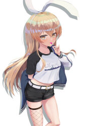Rule 34 | 1girl, alternate costume, belt, black shorts, blonde hair, blush, candy, clothes writing, food, hair between eyes, highres, holding, holding candy, holding food, holding lollipop, jacket, kantai collection, lollipop, long hair, multicolored clothes, multicolored jacket, multicolored shirt, ochikata kage, open clothes, open jacket, shimakaze (kancolle), shirt, short sleeves, shorts, simple background, solo, white background, white belt, yellow eyes