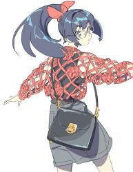 Rule 34 | 1girl, bag, bare legs, black bag, blue hair, bow, cowboy shot, from behind, glasses, grey shorts, hair bow, handbag, highres, kariya (kry aia), long hair, long sleeves, looking at viewer, looking back, original, outstretched arms, ponytail, red bow, round eyewear, see-through, shirt, shorts, shoulder bag, simple background, solo, standing, white background