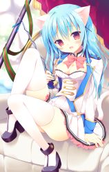 Rule 34 | 1girl, amanagi seiji, animal ears, arm support, blue hair, blush, bow, breasts, cat tail, cleavage, dress, female focus, happy, high heels, holding, jacket, leg up, long hair, looking at viewer, open mouth, original, red eyes, ribbon, shoes, sitting, smile, solo, subaru (insmode), tail, thighhighs, white thighhighs