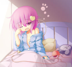 Rule 34 | 1girl, alarm clock, bed, blanket, clock, collarbone, flat chest, hassai, heart, komeiji satori, off shoulder, on bed, one eye closed, open clothes, open mouth, open shirt, pillow, pink eyes, pink hair, rubbing eyes, shirt, sitting, solo, third eye, touhou, waking up, wink, yawning