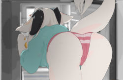 Rule 34 | 1girl, ahoge, ass, ass focus, bent over, dragon tail, elele4343, female focus, from behind, furry, furry female, lifted by tail, original, panties, partially visible vulva, refrigerator, solo, striped clothes, striped panties, tail, thighs, underwear, white hair