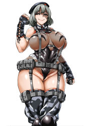 Rule 34 | 1girl, belt, beret, black eyes, black gloves, black hat, black thighhighs, breasts, breasts apart, camouflage, cowboy shot, explosive, fingerless gloves, garter straps, glasses, gloves, grenade, grey hair, grey thighhighs, half-closed eyes, hat, highres, holding, holding grenade, large breasts, legs together, leotard, looking at viewer, military, military uniform, neroma shin, parted bangs, pouch, see-through, shaded face, short hair, simple background, skin tight, smile, solo, standing, suspenders, thigh pouch, thigh strap, thighhighs, thighs, uniform, wedgie, white background, wide hips