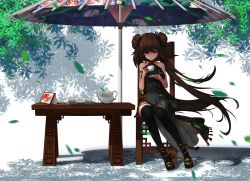 Rule 34 | 00s, 1girl, 2017, absurdres, armlet, bare shoulders, black dress, black legwear, brown hair, chair, cup, dress, dungeon and fighter, earrings, fighter (dungeon and fighter), halterneck, highres, jewelry, leaf, long hair, looking at viewer, michi-hi, nen master (dungeon and fighter), oil-paper umbrella, red eyes, sandals, sitting, smile, solo, table, teacup, teapot, umbrella, wind