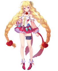 Rule 34 | 1girl, absurdres, ahoge, artist request, blonde hair, braid, detached sleeves, dorothy (oz chrono chronicle), dress, full body, highres, bridal garter, long hair, looking at viewer, oz chrono chronicle, pink eyes, sidelocks, simple background, smile, solo, standing, twin braids, very long hair, white background