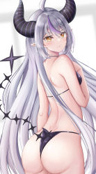 Rule 34 | 1girl, ass, bare shoulders, bikini, blush, breasts, covering privates, covering breasts, embarrassed, from behind, grey hair, highres, hololive, horns, kidukatakio, la+ darknesss, long hair, looking at viewer, looking back, multicolored hair, orange eyes, purple hair, shiny clothes, shiny skin, sideboob, solo, swimsuit, tail, thong, thong bikini, two-tone hair, very long hair, virtual youtuber
