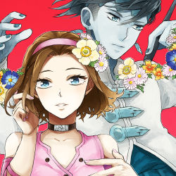 Rule 34 | 1boy, 1girl, bad id, bad pixiv id, black hair, blue eyes, brown hair, choker, daisy, dress, earrings, flower, hair flower, hair ornament, hairband, hand in own hair, hand up, hands up, headband, holding, holding pen, jewelry, jojo no kimyou na bouken, kishibe rohan, looking at viewer, looking away, nail polish, parted lips, pen, pink nails, red background, sewenan, short hair, sugimoto reimi, upper body