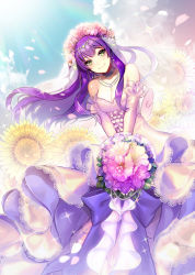 Rule 34 | 1girl, bare shoulders, bouquet, breasts, cherry blossoms, choker, cleavage, cloud, day, dress, earrings, elbow gloves, eu (euspia), flower, gloves, green eyes, head tilt, head wreath, highres, jewelry, lace, lace-trimmed dress, lace trim, lavender dress, leaning, long hair, looking at viewer, md5 mismatch, medium breasts, necklace, original, outdoors, pearl earrings, pearl necklace, petals, purple hair, resolution mismatch, smile, solo, source smaller, sparkle, standing, strapless, strapless dress, sunflower, v arms, veil, wedding dress