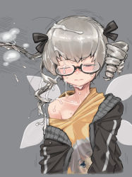 Rule 34 | 1girl, black-framed eyewear, black bow, black jacket, blush, bow, closed mouth, commentary request, cookie (touhou), cum, cum on hair, drill hair, facial, fairy wings, flat chest, genpatsu (cookie), glasses, grey hair, hair bow, hairjob, half-closed eyes, highres, hood, hood down, hoodie, izayoi sakuya, jacket, luna child, man (man-room), nose blush, off shoulder, one eye closed, riran youkyu, short hair, solo, touhou, upper body, wings, yellow hoodie