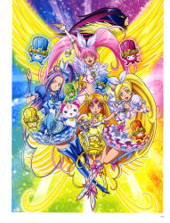 Rule 34 | 5girls, :d, absurdly long hair, absurdres, arm up, blonde hair, blue dress, blue footwear, boots, bow, crescendo cure melody, cure beat, cure melody, cure melody (crescendo), cure muse, cure muse (black), cure muse (yellow), cure rhythm, detached sleeves, dory, dress, fary, green eyes, hair bow, hair ribbon, hairband, helmet, high heel boots, high heels, high ponytail, highres, houjou hibiki, hummy (suite precure), knee boots, kurokawa eren, lary, layered dress, leg up, long hair, looking up, midriff, minamino kanade, miry, multiple girls, open mouth, orange hair, pink hair, precure, purple hair, rery, ribbon, seiren (suite precure), shirabe ako, short sleeves, smile, sory, suite precure, takahashi akira, thigh boots, thighhighs, tiry, twintails, very long hair, white footwear, white hairband, yellow bow, yellow dress, yellow eyes, yellow ribbon