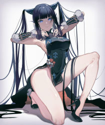 Rule 34 | 1girl, a821, bare shoulders, black dress, black footwear, blue eyes, blunt bangs, breasts, china dress, chinese clothes, cleavage, closed mouth, commentary, detached sleeves, dress, fate/grand order, fate (series), hair ornament, hands up, high heels, kneeling, large breasts, legs, long hair, looking at viewer, purple hair, sidelocks, smile, solo, twintails, very long hair, yang guifei (fate), yang guifei (second ascension) (fate)