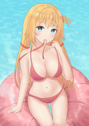 Rule 34 | 1girl, akai haato, benson4109, bikini, blonde hair, blue eyes, blush, breasts, cleavage, hair ornament, heart, heart hair ornament, highres, hololive, in mouth, inflatable raft, long hair, mouth hold, red bikini, ribbon, ribbon in mouth, smile, solo, swimsuit, thighs, virtual youtuber, water
