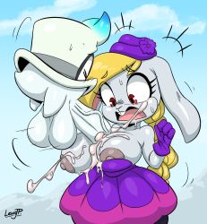 Rule 34 | 1boy, 1girl, absurdres, animal ears, blonde hair, breasts, breasts out, cappy (mario), clothed sex, clothes, cum, cum on body, cum on breasts, cum on clothes, cum on upper body, dress, ejaculation, furry, ghost, gloves, hariet (mario), hat, highres, huge breasts, huge penis, huge testicles, joao pereira, long ears, long hair, looking at viewer, mario (series), monster, nintendo, nipples, no humans, open mouth, paizuri, paizuri under clothes, penis, purple gloves, rabbit ears, red eyes, super mario odyssey, surprised, testicles, tongue, veins, veiny penis
