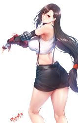 Rule 34 | 1girl, 2019, artist name, ass, breasts, commentary, commentary request, dated, earrings, elbow gloves, final fantasy, final fantasy vii, fingerless gloves, gloves, jewelry, large breasts, legs, long hair, looking at viewer, low-tied long hair, miniskirt, red gloves, shirt, signature, simple background, skirt, smile, solo, standing, suspender skirt, suspenders, tank top, taut clothes, taut shirt, tifa lockhart, white background, zucchini