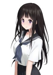 Rule 34 | absurdres, awesome crane, black hair, blush, breasts, chitanda eru, highres, hyouka, large breasts, long hair, looking at viewer, purple eyes, school uniform, smile, white background