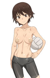 Rule 34 | 10s, 1girl, ball, bandaid, bandaids on nipples, bike shorts, black shorts, breasts, brown eyes, brown hair, collarbone, duplicate, eyebrows, female focus, girls und panzer, hair between eyes, hand on own hip, holding, holding ball, isobe noriko, looking at viewer, matching hair/eyes, medium breasts, navel, non-web source, pasties, short hair, shorts, simple background, solo, sweat, tenchisouha, topless, volleyball (object), white background