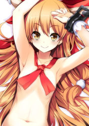 Rule 34 | 1girl, armpits, arms up, blonde hair, blush, bow, breasts, collarbone, hair bow, horns, ibuki suika, long hair, looking at viewer, naked ribbon, neck ribbon, nude, ribbon, simple background, small breasts, smile, solo, tirotata, touhou, upper body, very long hair, white background, yellow eyes