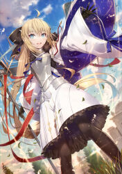 Rule 34 | 1girl, ahoge, armor, armored dress, black gloves, blonde hair, blue eyes, blue hair, blue sky, bow, breastplate, breasts, brown pantyhose, cloak, dress, fate/grand order, fate (series), fur-trimmed cloak, fur trim, gabiran, gloves, hair bow, highres, long hair, long sleeves, medium breasts, multicolored hair, open mouth, pantyhose, ponytail, sky, smile, solo, staff, thighs, aesc (fate), two-tone hair, very long hair, white cloak, white dress, wide sleeves