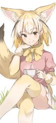 Rule 34 | 10s, 1girl, animal ears, artist name, bad id, bad twitter id, blonde hair, blush, bow, bowtie, brown eyes, closed mouth, commentary, cup, elbow gloves, feet out of frame, fennec (kemono friends), fox ears, fox tail, fur trim, gloves, hand up, highres, holding, kemono friends, looking at viewer, mochii, multicolored hair, pink shirt, puffy short sleeves, puffy sleeves, shirt, short-sleeved sweater, short sleeves, signature, simple background, sitting, smile, solo, sweater, tail, teacup, thighhighs, white background, yellow bow, yellow bowtie, yellow thighhighs