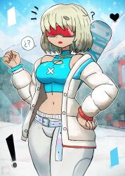 Rule 34 | 1girl, ?, absurdres, belt, blue belt, blue shirt, bracelet, breasts, cleavage, cleavage cutout, clothing cutout, cloud, coat, collarbone, earrings, epic games, evie (fortnite), fortnite, goggles, grey hair, hair ornament, hairclip, hand on own hip, heart, highres, hoop earrings, jewelry, long sleeves, looking at viewer, medium breasts, midriff, mountain, navel, off shoulder, open clothes, open coat, pants, red lips, shirt, short hair, ski goggles, sky, sleeveless, sleeveless shirt, snow, snowboard, sparkle, speech bubble, spoken question mark, standing, thick thighs, thighs, tony welt, tree, white coat, white pants, wide hips