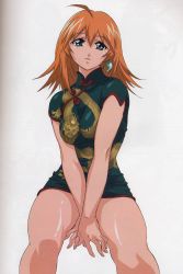 Rule 34 | 00s, 1girl, absurdres, ahoge, breasts, china dress, chinese clothes, dress, earrings, green eyes, highres, ikkitousen, jewelry, large breasts, leaning forward, magatama, magatama earrings, orange hair, scan, scan artifacts, sitting, smile, solo, sonsaku hakufu