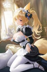 Rule 34 | 1girl, absurdres, animal ears, blonde hair, blue eyes, breasts, dora (garyeong), fox ears, highres, large breasts, maid, original, solo, thighhighs, thighs, white thighhighs